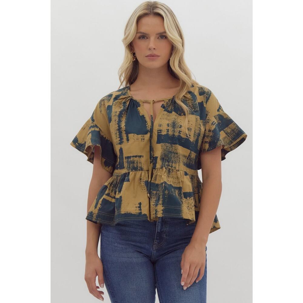 Entro Harper Peplum Top Hunter Green Black Tie Neck Blouse Sz S - NWT
